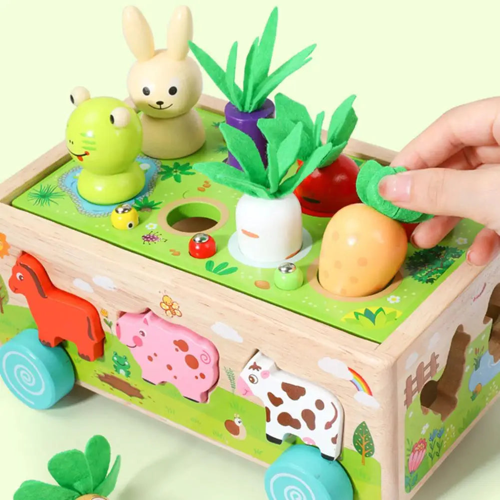 Hand lifting a vegetable piece from the top of a wooden farm shape sorter