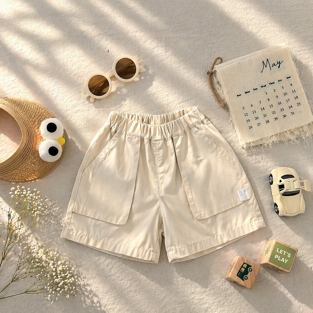 Light beige shorts with a gathered elastic waistband and large front pockets.