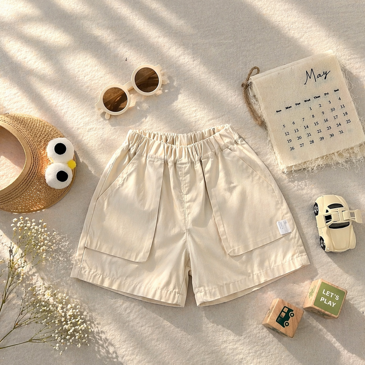 Light beige shorts with a gathered elastic waistband and large front pockets.