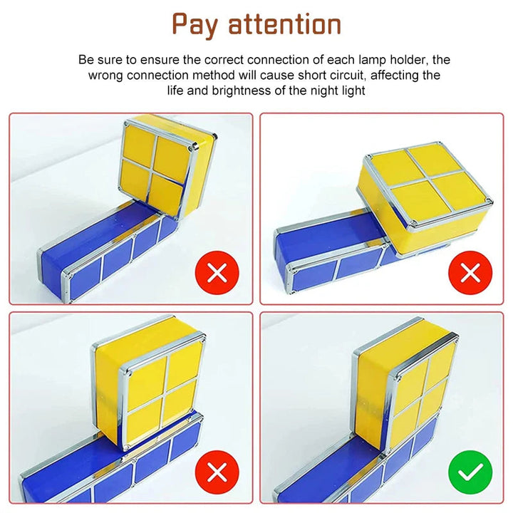 Connection guide showing correct and incorrect ways to align the light blocks.