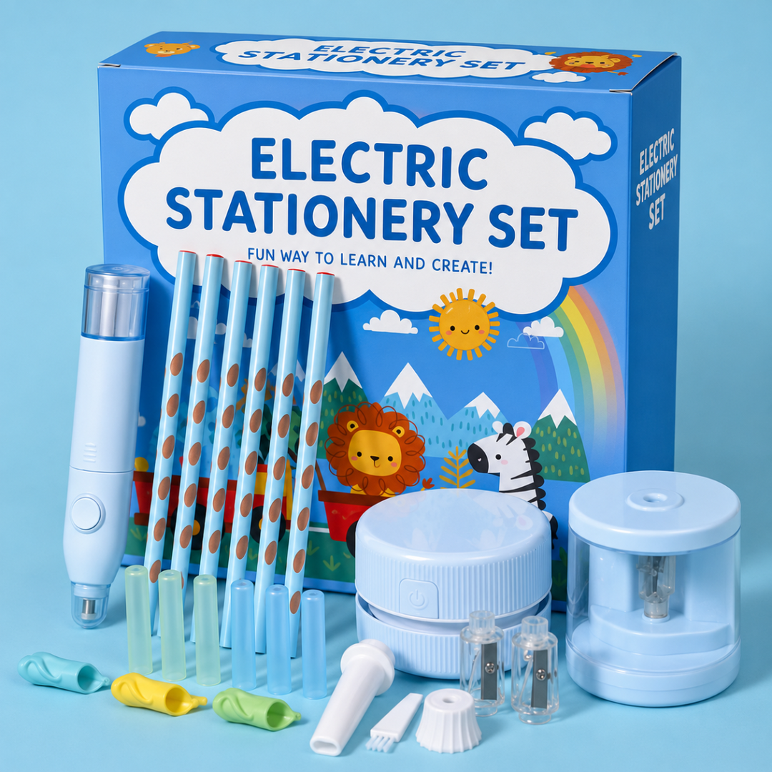 Light blue electric stationery set with animal-themed box, pencils, grips, and electric desk tools