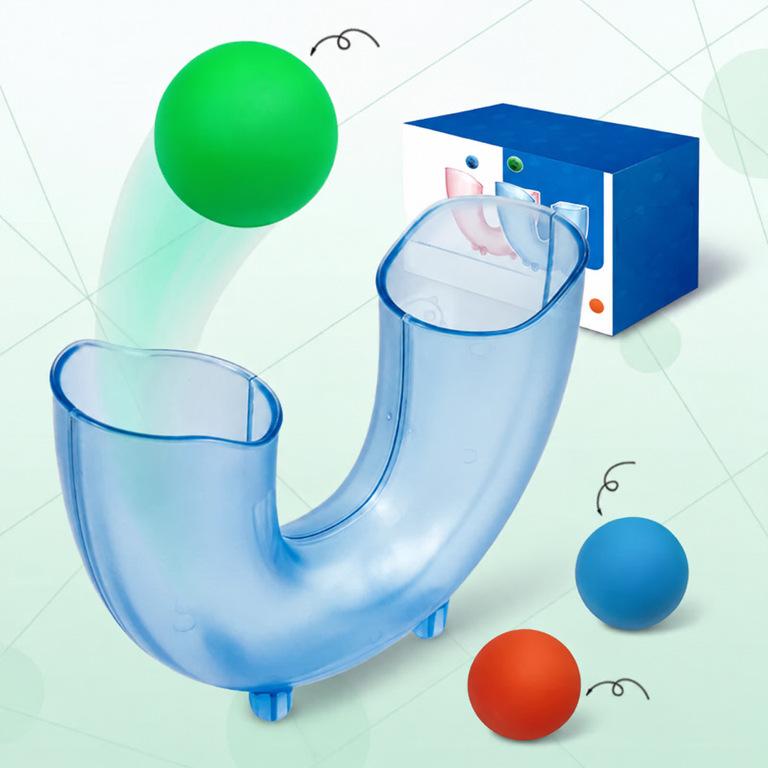 Light blue U-shaped tube shown with green, blue, and orange balls and a box