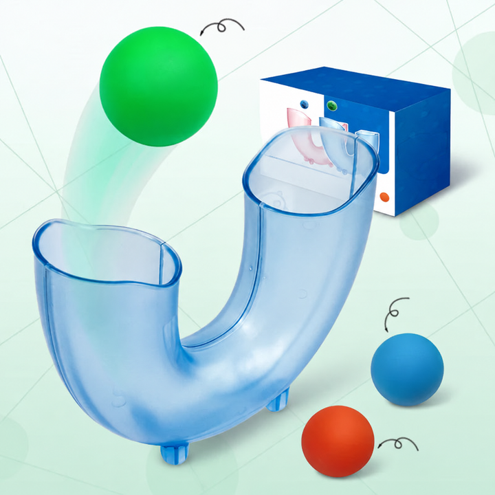 Light blue U-shaped tube shown with green, blue, and orange balls and a box