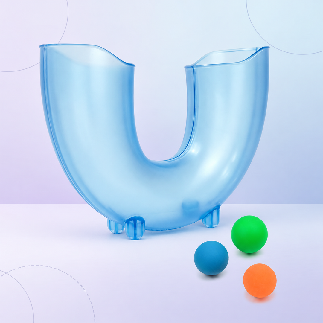 Light blue U-shaped ball skills tube with blue, green, and orange balls