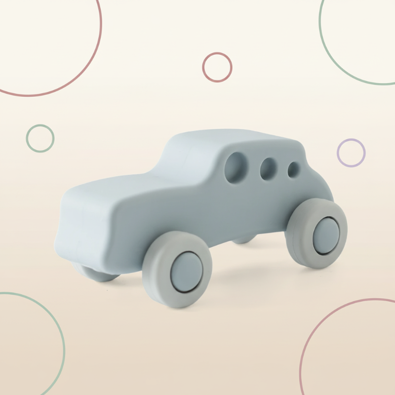 Light blue toy car with three window openings and pale blue wheels