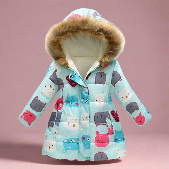 Light blue quilted winter coat with colorful cats and a fluffy-trimmed hood
