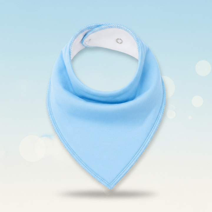 Light blue cotton bandana bib with stitched edges and snap closure