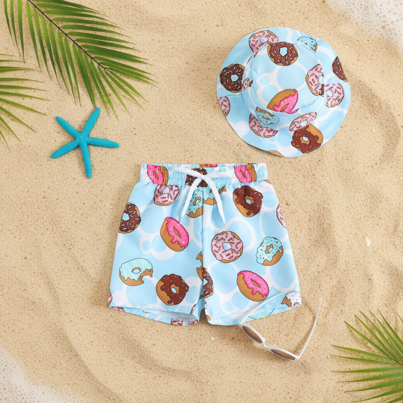 Light blue donut-print swim trunks with a matching bucket hat