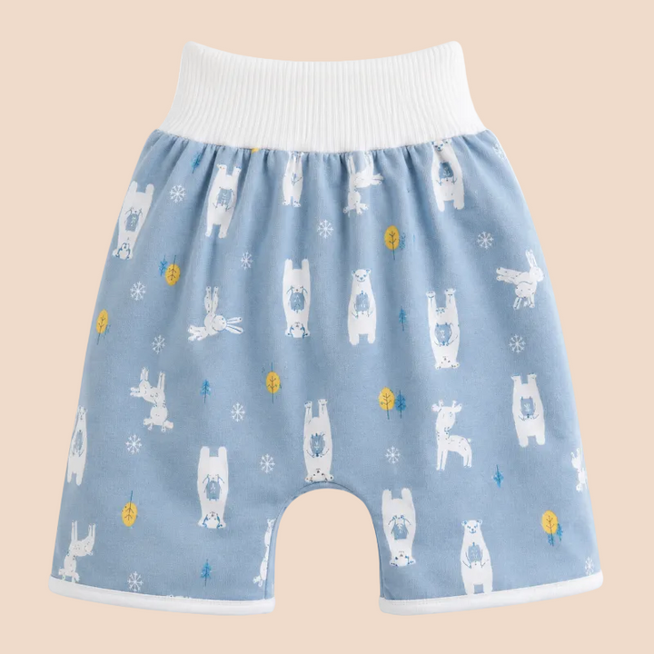 Light blue forest-animal training pants with a wide white ribbed waistband