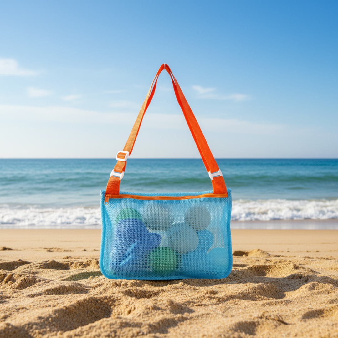 Light blue mesh beach bag with an orange zipper and adjustable shoulder strap