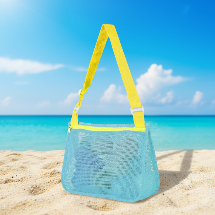 Light blue mesh beach bag with a yellow adjustable shoulder strap