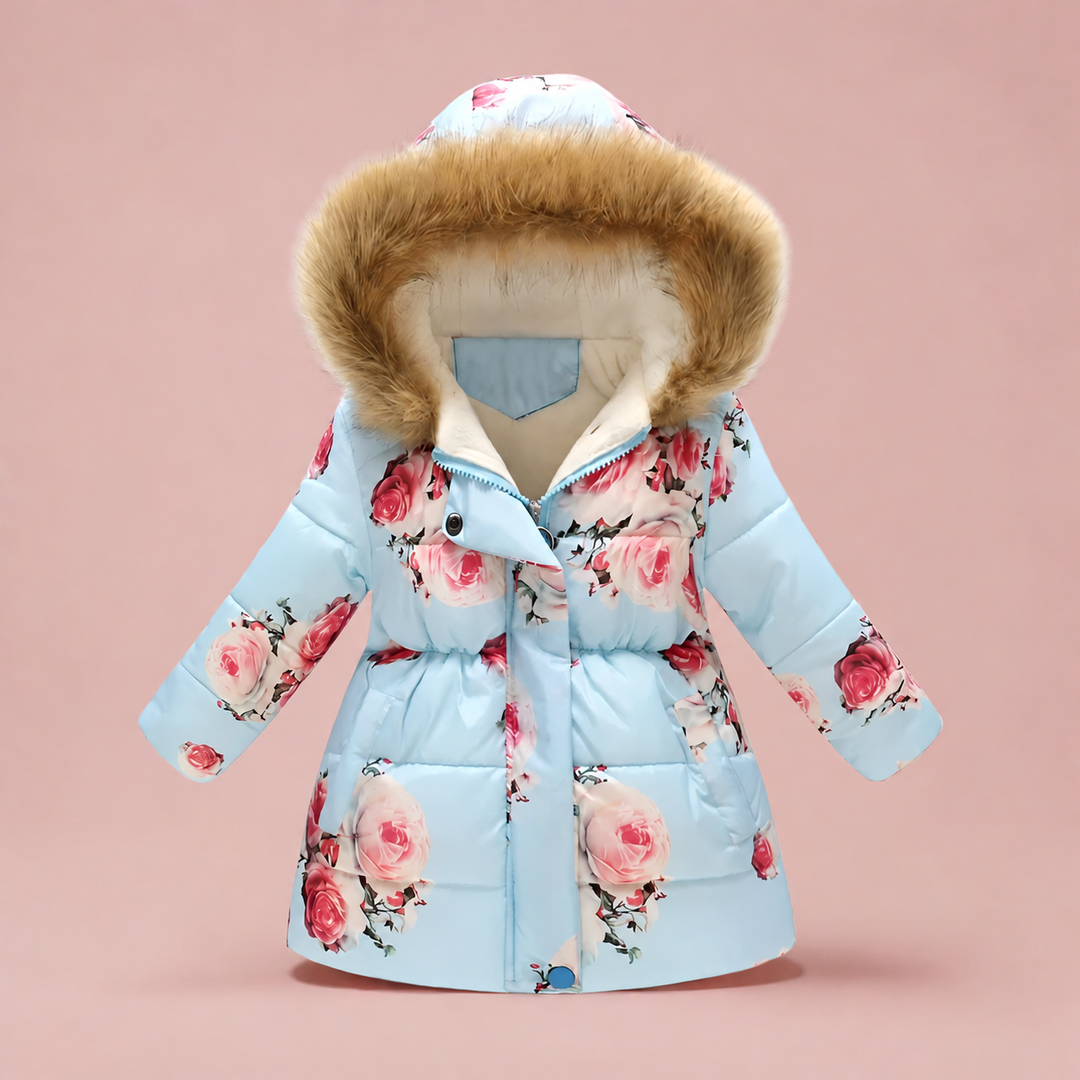 Light blue quilted winter coat with pink roses and fluffy hood trim