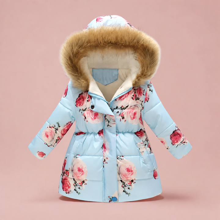 Light blue quilted winter coat with pink roses and fluffy hood trim