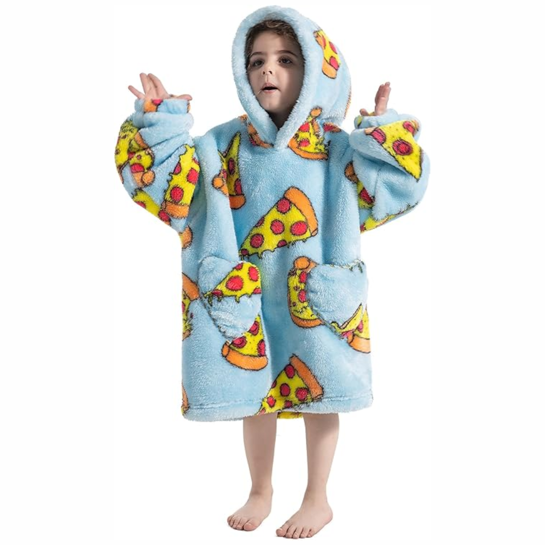 Child wearing a light blue pizza-print hooded blanket with the hood up
