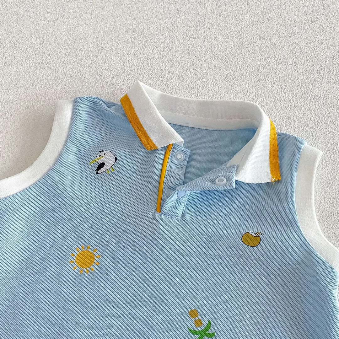 Open neck placket on a light blue baby polo romper with a yellow-trimmed white collar