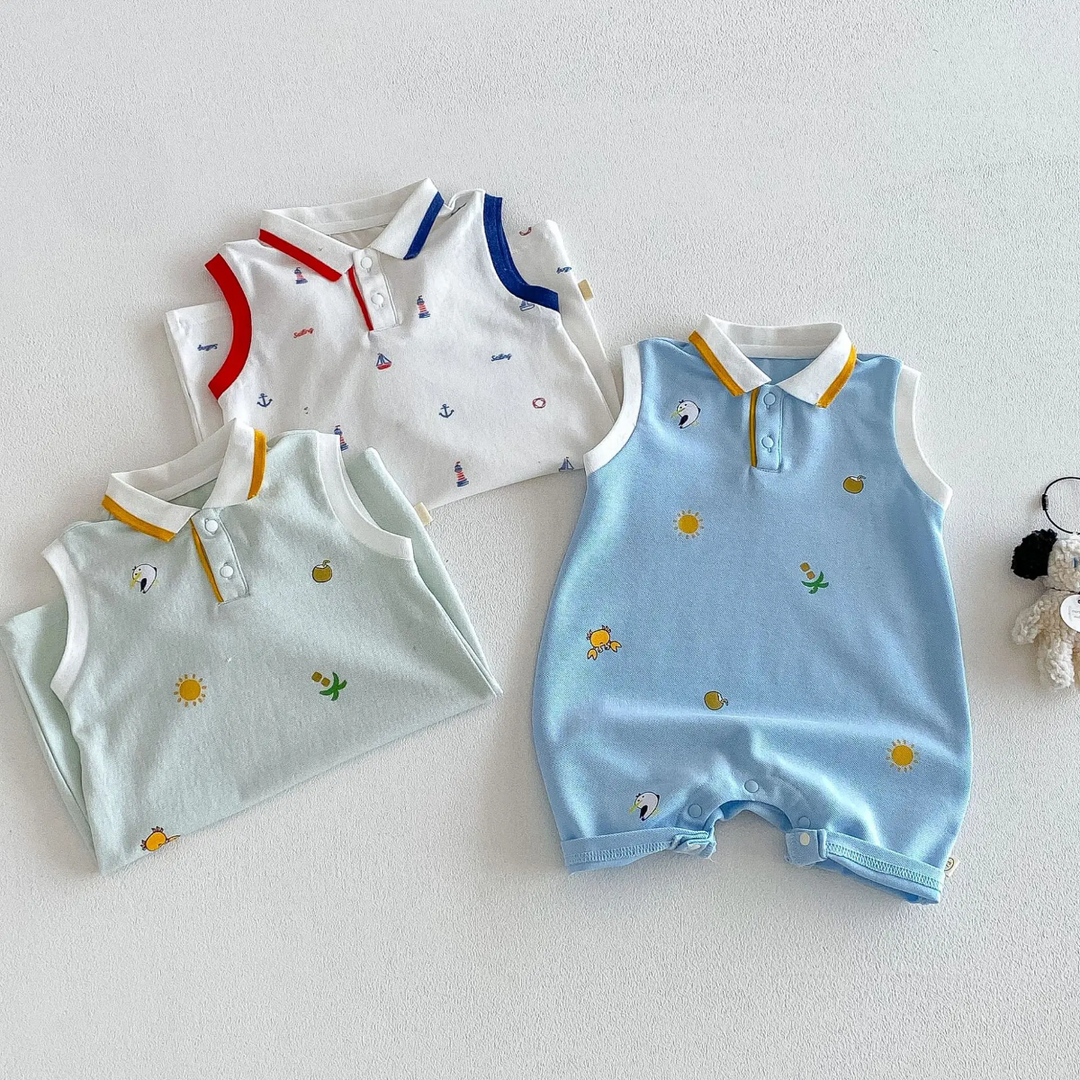 Light blue printed polo romper beside folded white and light green color options