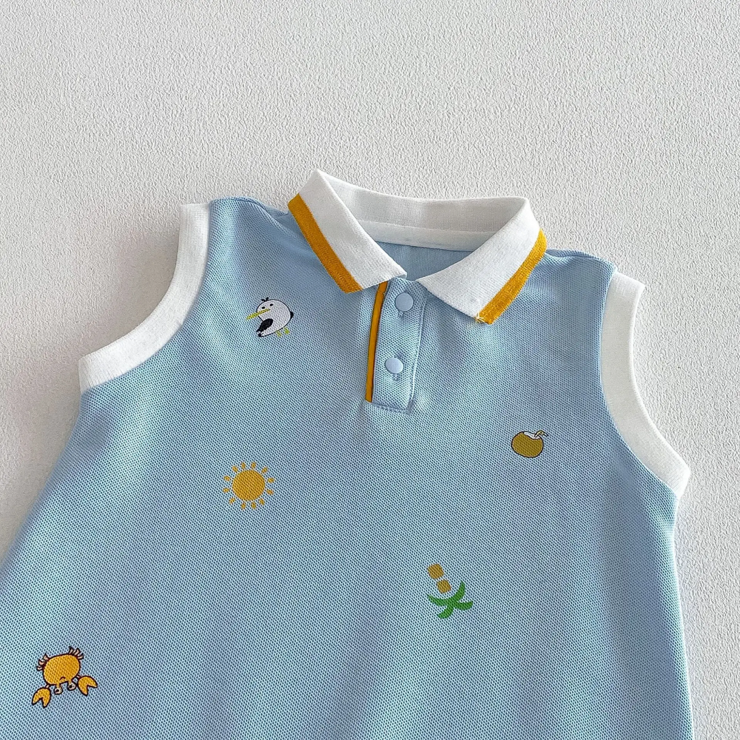 Light blue printed romper with a white polo collar, yellow trim, and a short neck placket
