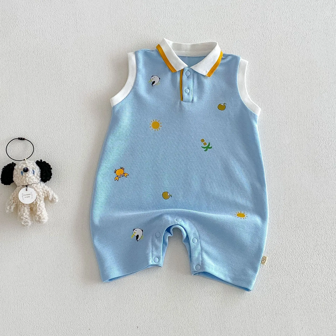 Light blue sleeveless baby polo romper with small colorful motifs and yellow collar trim