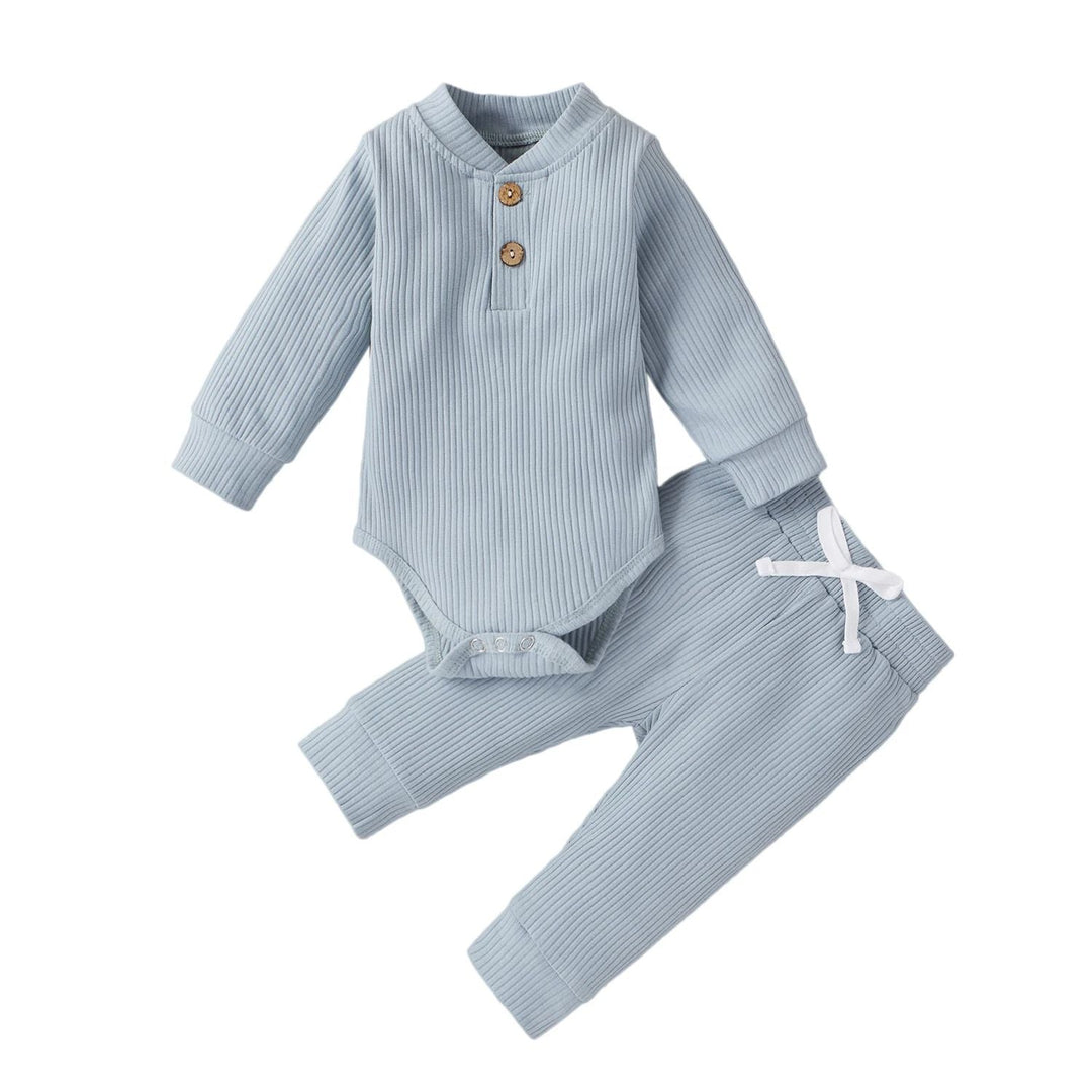 Light blue ribbed baby bodysuit with neckline buttons and matching pants