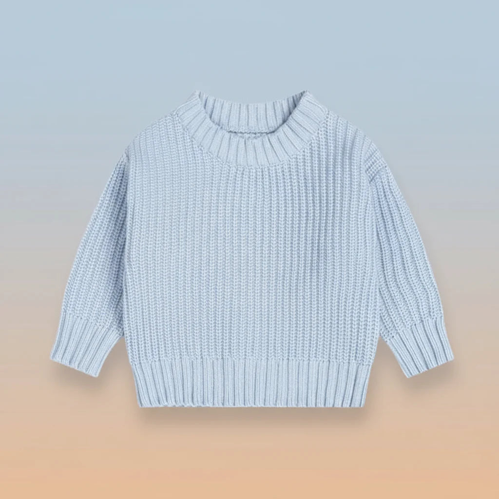 Light blue long-sleeve knit sweater with a round neck and ribbed cuffs and hem.