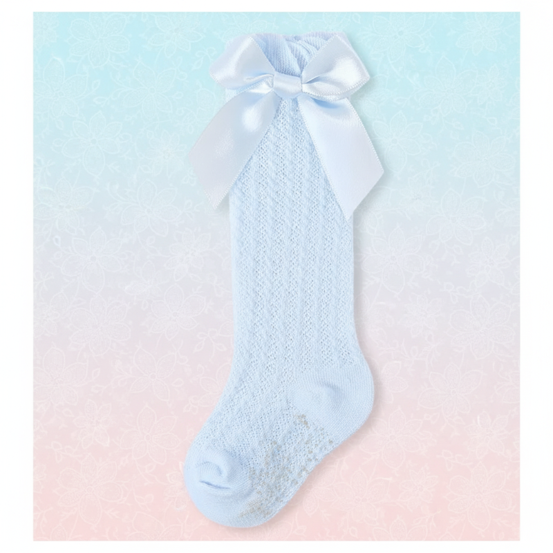 Light blue pointelle knee-high sock with a matching satin bow