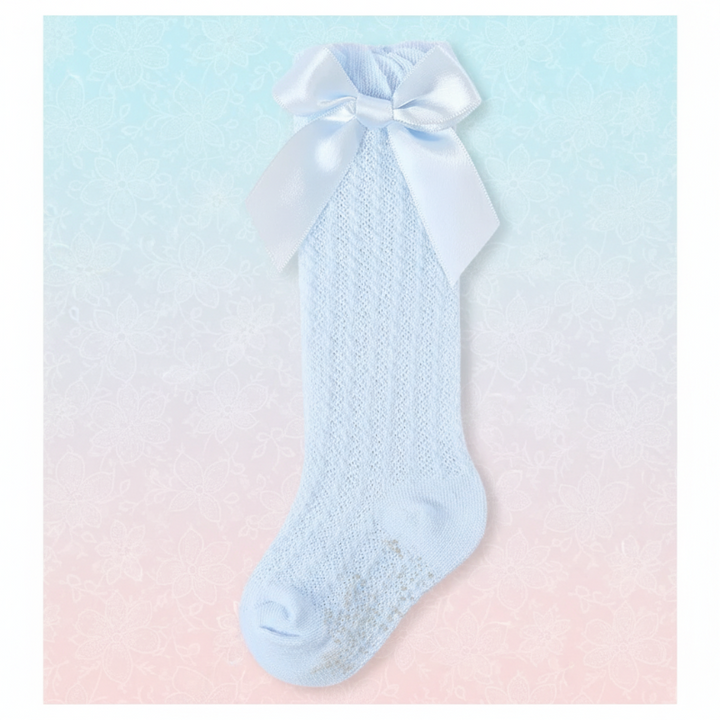Light blue pointelle knee-high sock with a matching satin bow