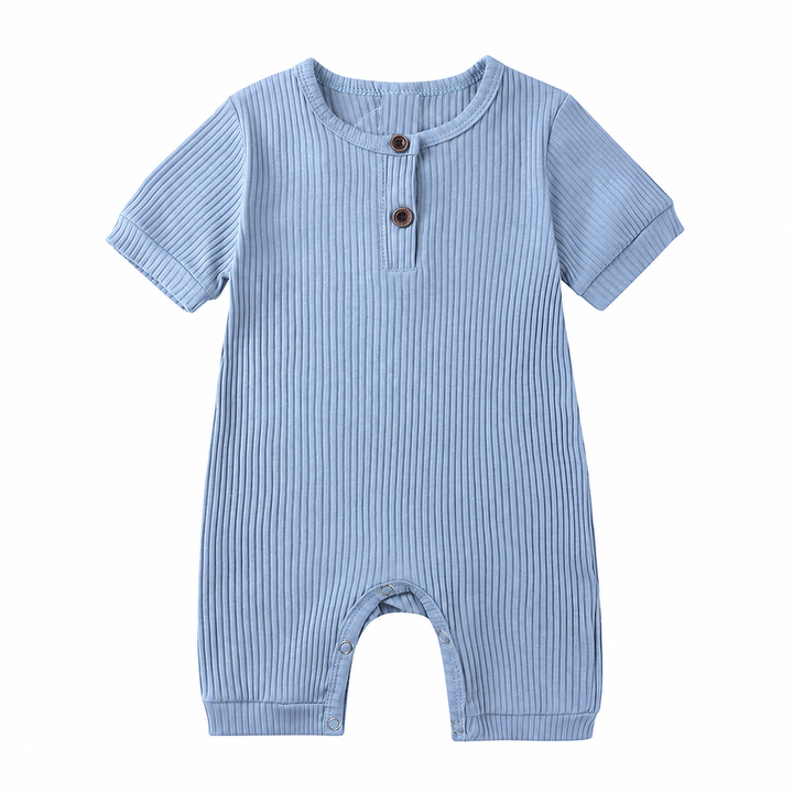 Light blue cotton baby romper with short sleeves and ribbed texture