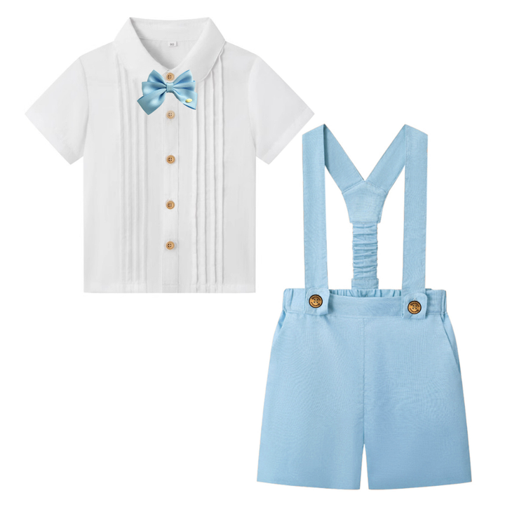 Light blue suspender shorts with a white short-sleeve shirt and blue bow tie