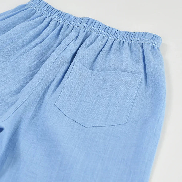 Back view of light blue shorts with an elastic waist and patch pocket