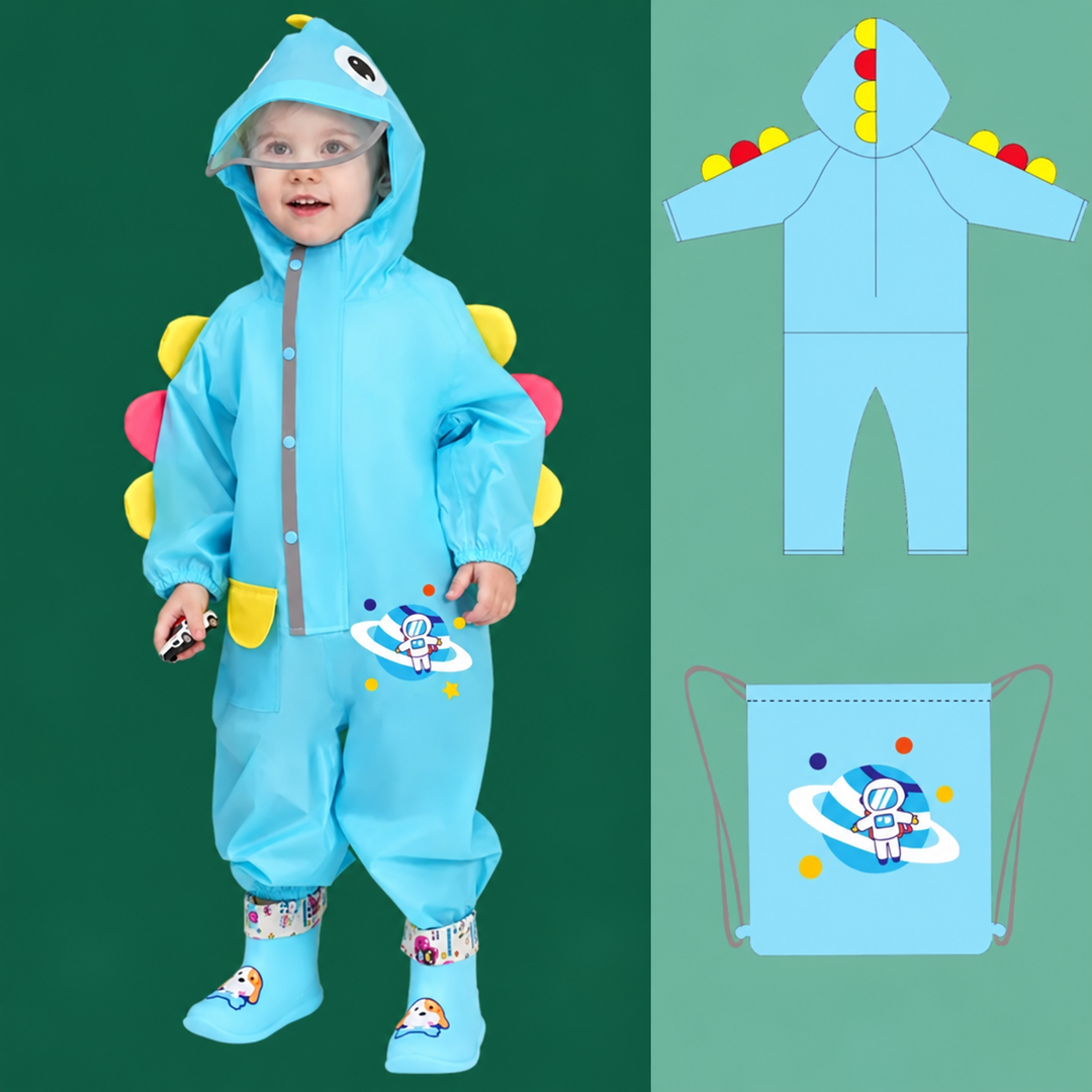 Light blue space-print rain suit with a hood, colorful back spikes and matching drawstring bag