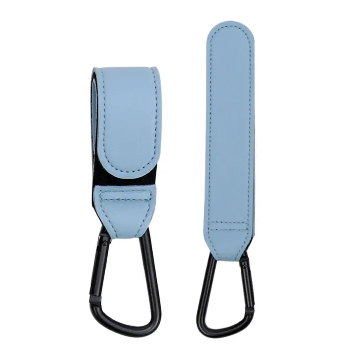 Light blue stroller hooks with folded and extended straps