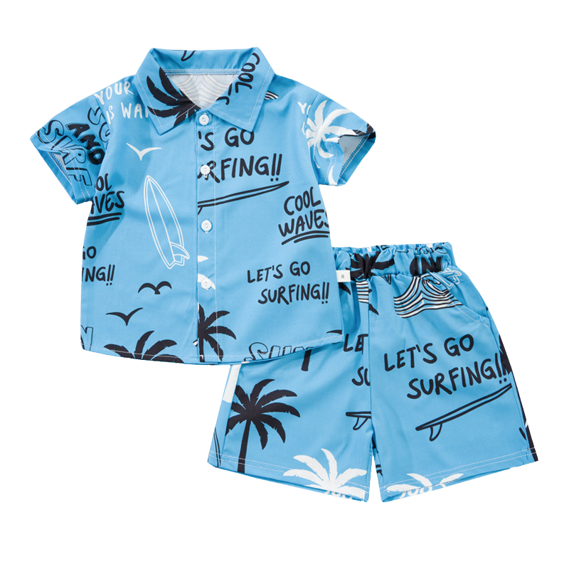 Light blue shirt and shorts with surfboards, palm trees and surfing lettering