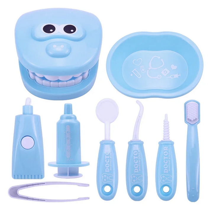 Light blue dentist playset with a tooth model, matching tray, toothbrush, and pretend dental tools