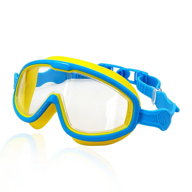 Light blue swimming goggles with yellow trim and an adjustable strap