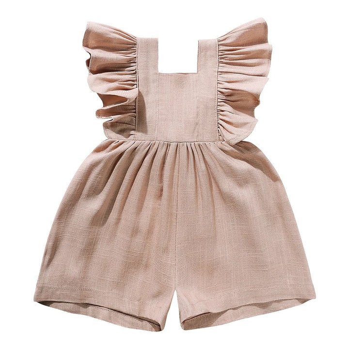 Light brown baby romper with ruffled shoulder straps and a gathered waist.