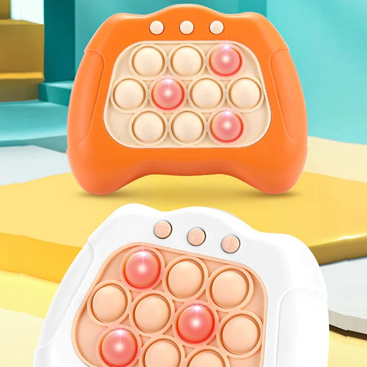 Orange and white handheld reaction games with glowing pop buttons