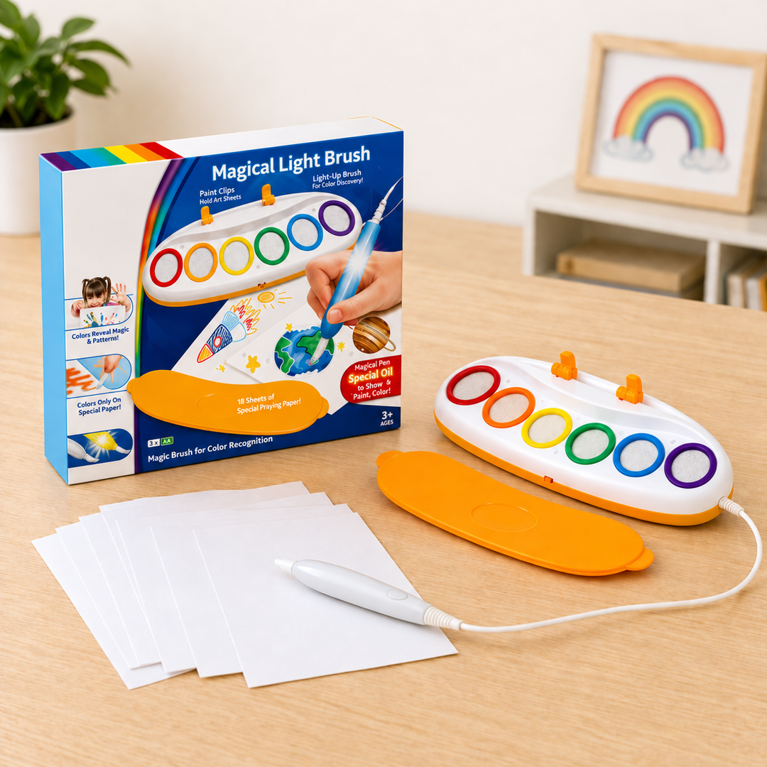 Light drawing set with a six-color base, corded pen, orange cover, and white drawing sheets beside the box
