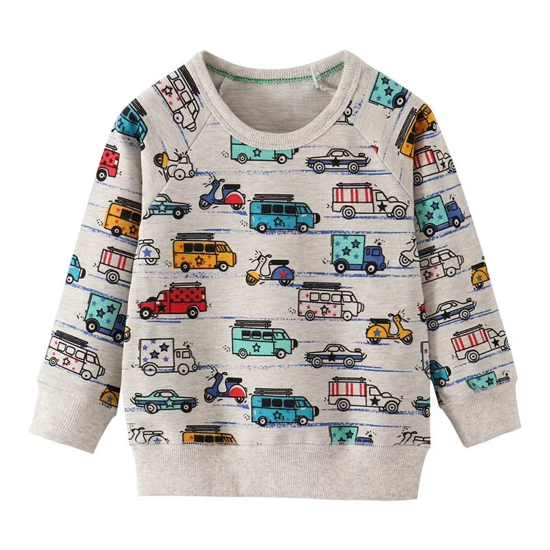 Light gray sweatshirt with an allover print of cars, buses, and trucks