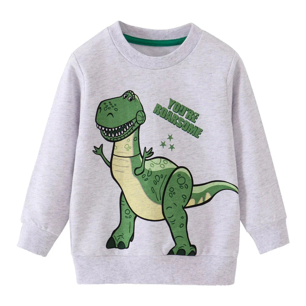 Light gray sweatshirt with a large green cartoon dinosaur on the front