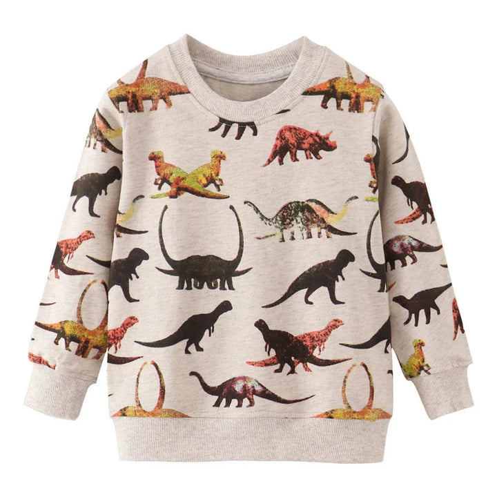 Light gray crewneck sweatshirt with multicolored dinosaur prints