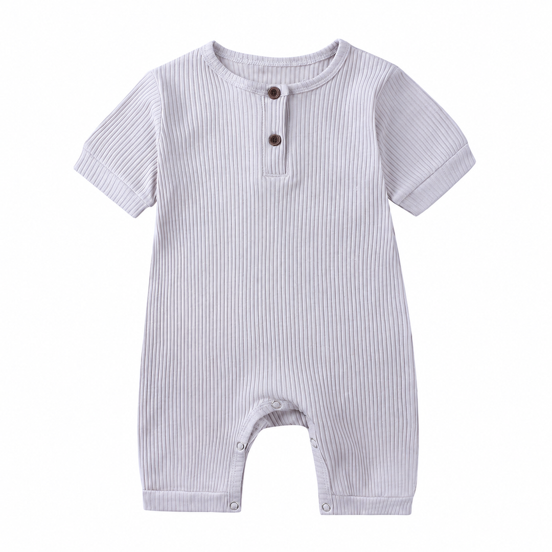 Light gray cotton baby romper with short sleeves, ribbed fabric, and leg snaps
