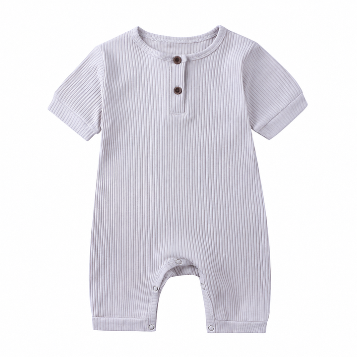 Light gray cotton baby romper with short sleeves, ribbed fabric, and leg snaps
