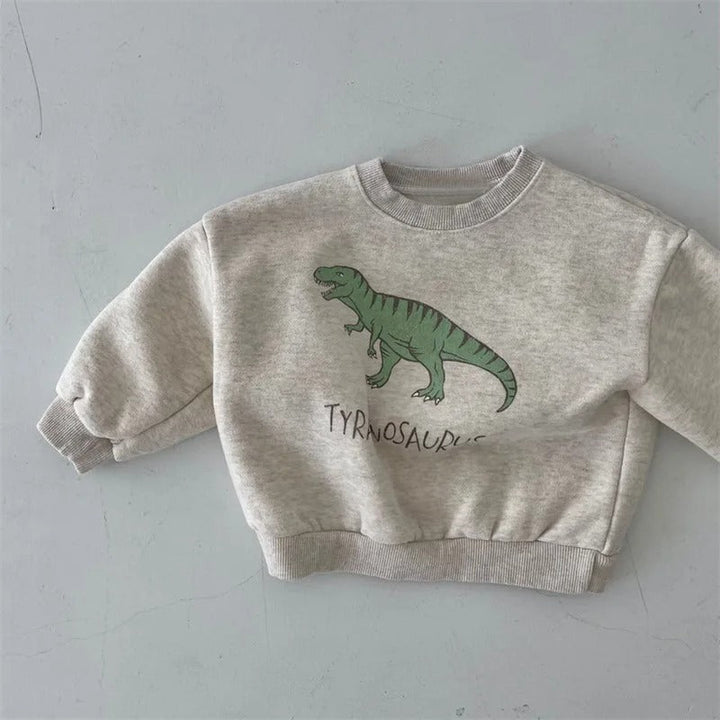 Light gray crewneck sweatshirt with a green tyrannosaurus graphic