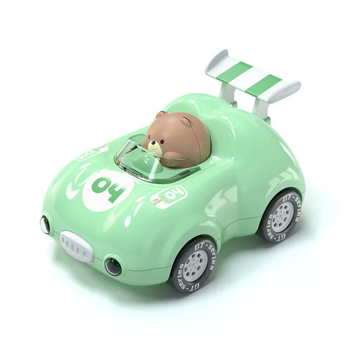 Light green toy race car with bear driver, clear windshield and green-striped rear spoiler