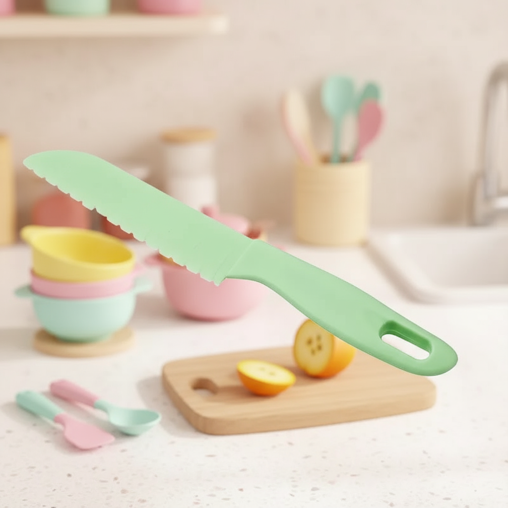 Light green serrated knife shown above a cutting board with sliced fruit