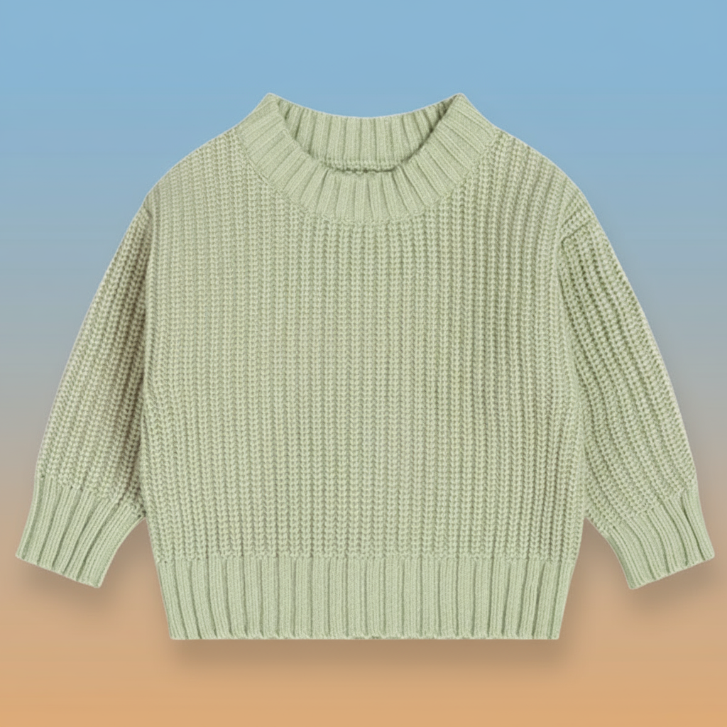 Light green long-sleeve knit sweater with a round neck and ribbed trim.