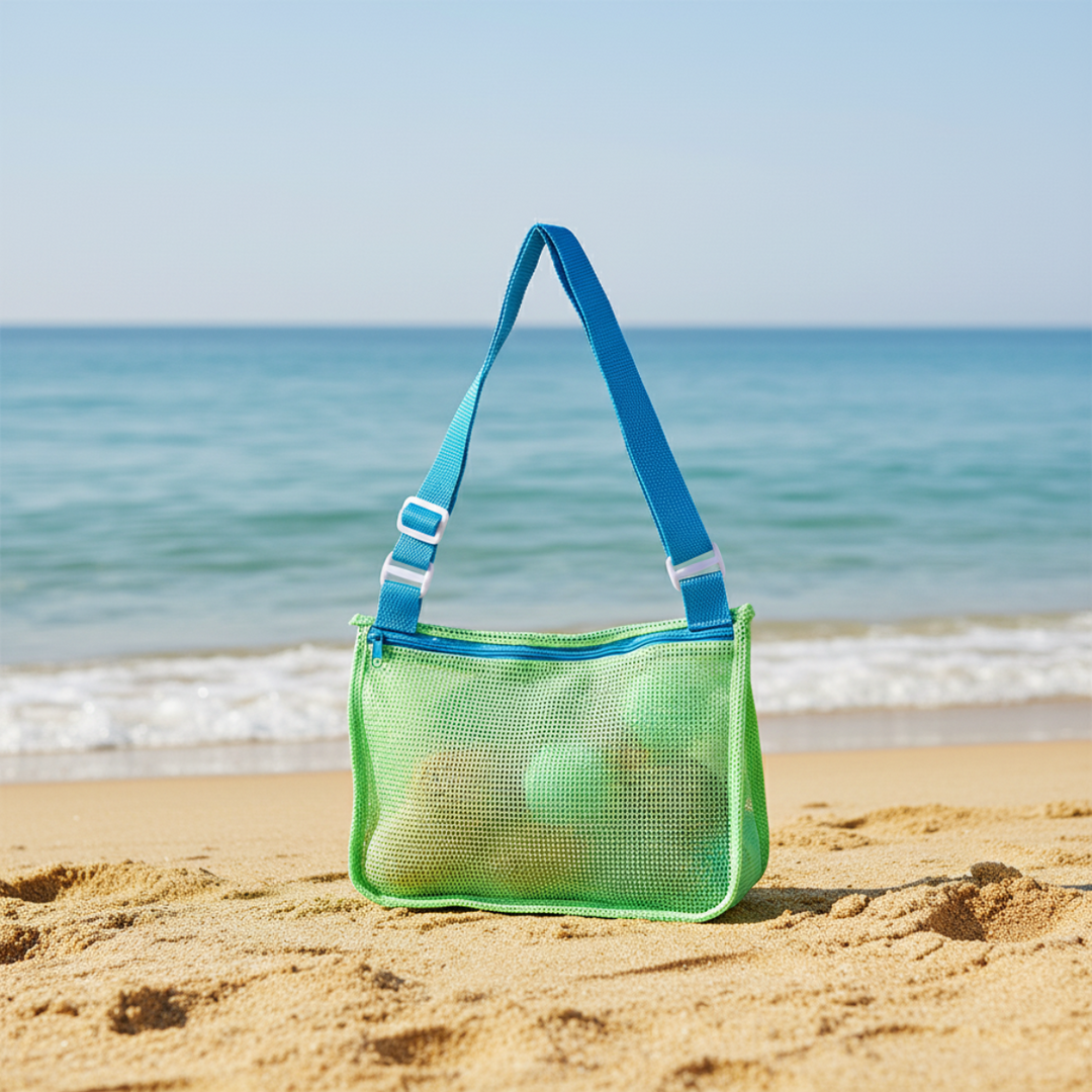 Light green mesh beach bag with a blue adjustable shoulder strap