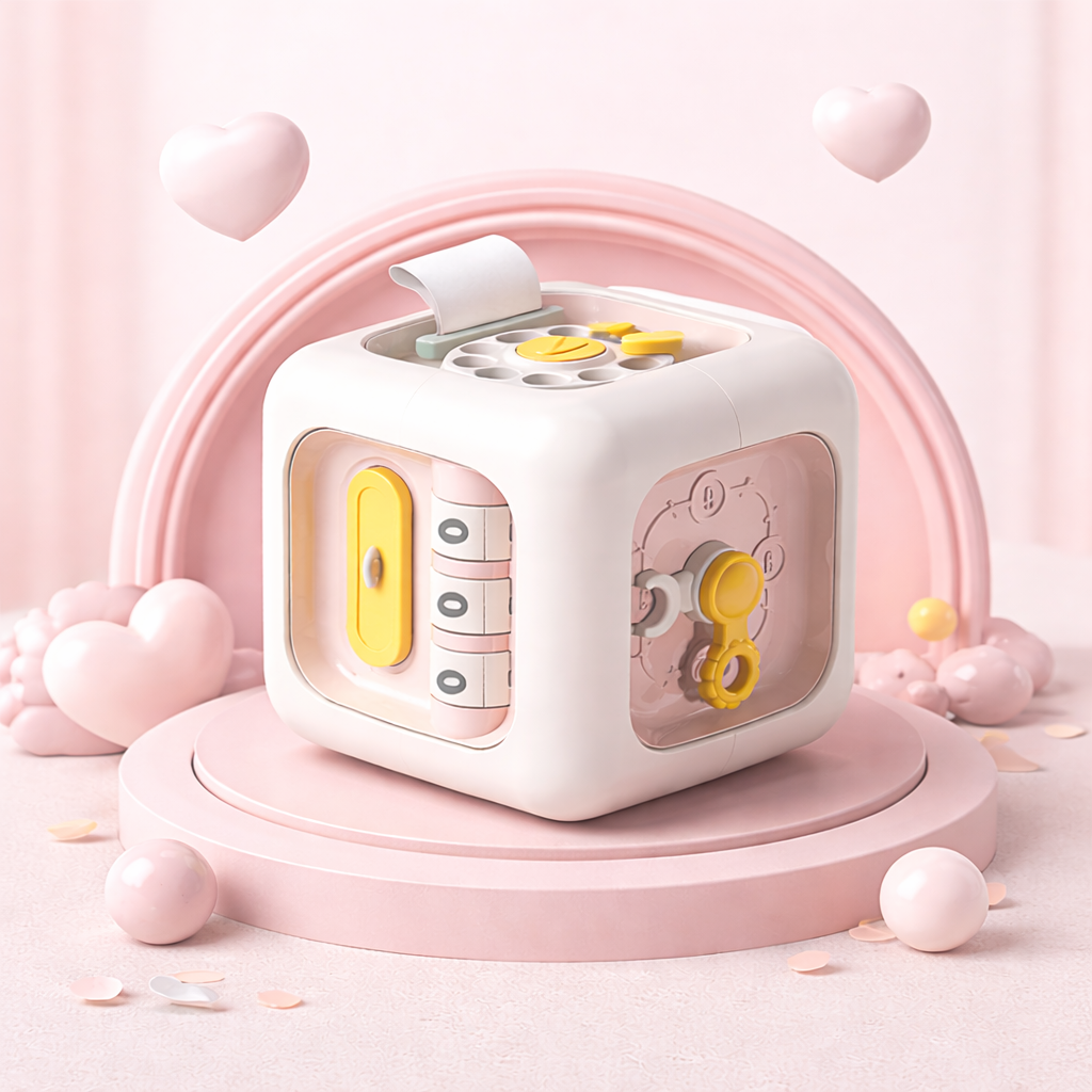 Light pink activity cube with a turning key, number rollers, and top flower spinner