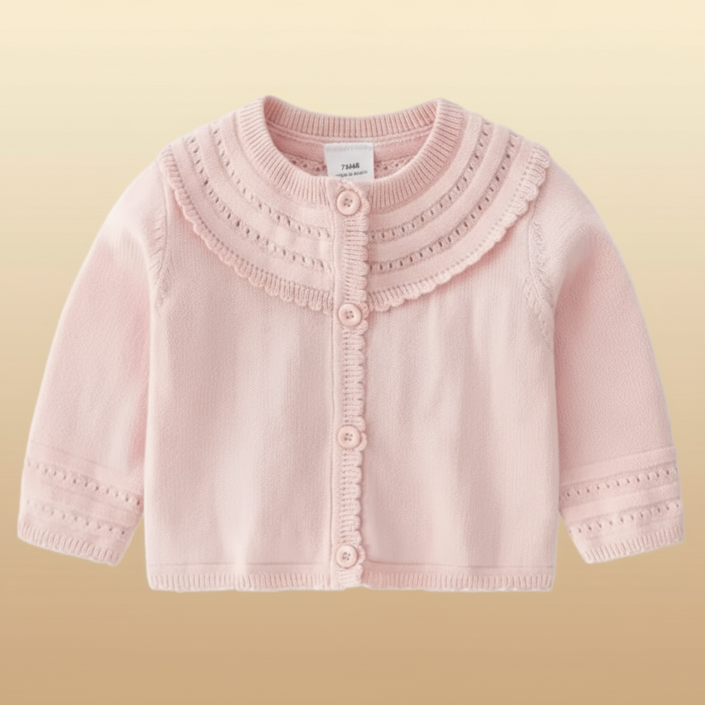 Light pink baby cardigan with decorative neckline bands and patterned sleeve cuffs