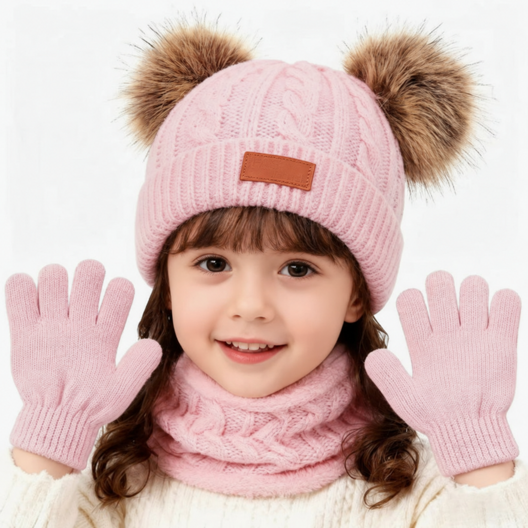 Child wearing a light pink double-pom-pom hat, loop scarf, and gloves with hands raised